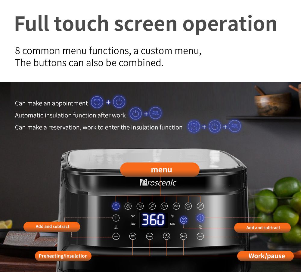 Proscenic T21 Smart elektrická fritéza, 1700 W, bezolejová nepřilnavá pánev, hlasové ovládání, LED dotyková obrazovka - černá