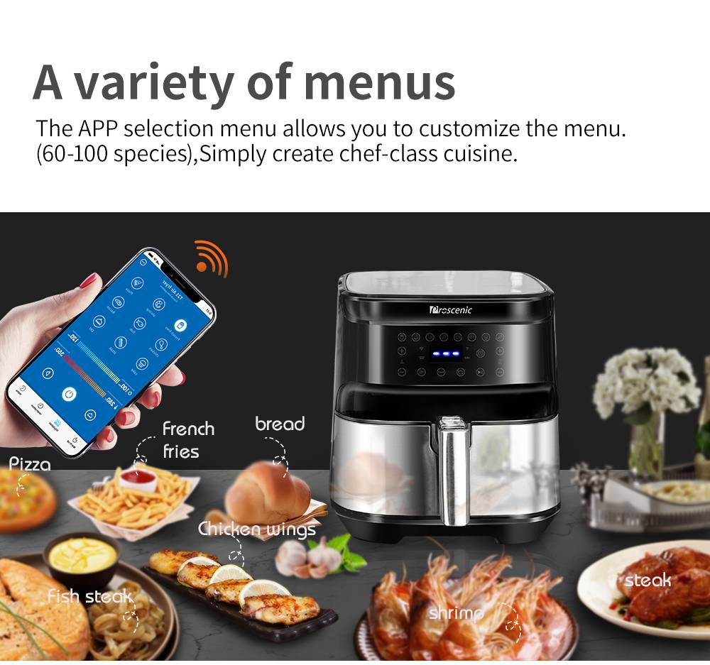 Proscenic T21 Smart elektrická fritéza, 1700 W, bezolejová nepřilnavá pánev, hlasové ovládání, LED dotyková obrazovka - černá