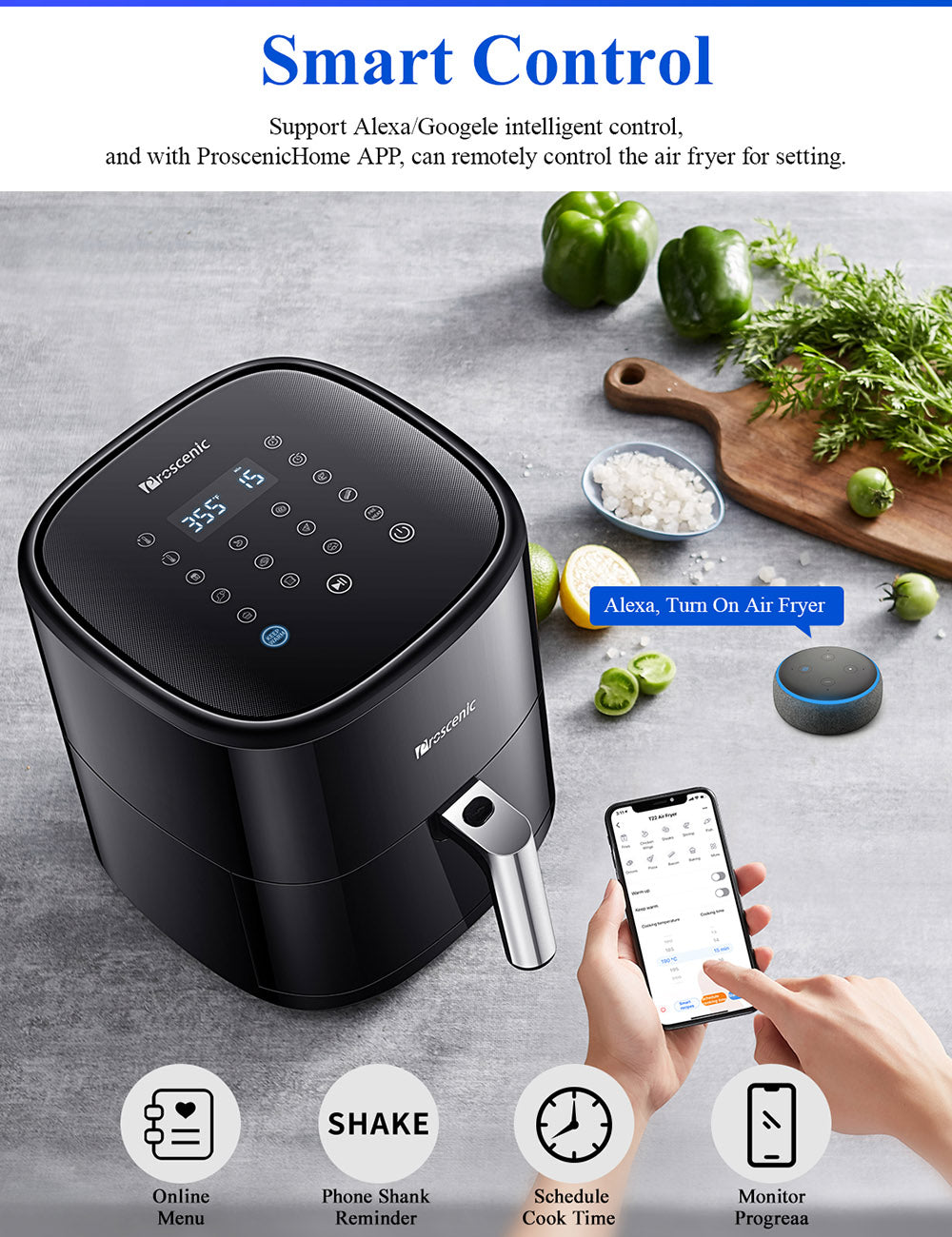 Proscenic T22 Chytrá elektrická fritéza, bezolejová, nepřilnavá pánev 5 l, technologie 3D HF Circulation, přizpůsobené recepty, LED dotyková obrazovka, ovládání aplikací - černá