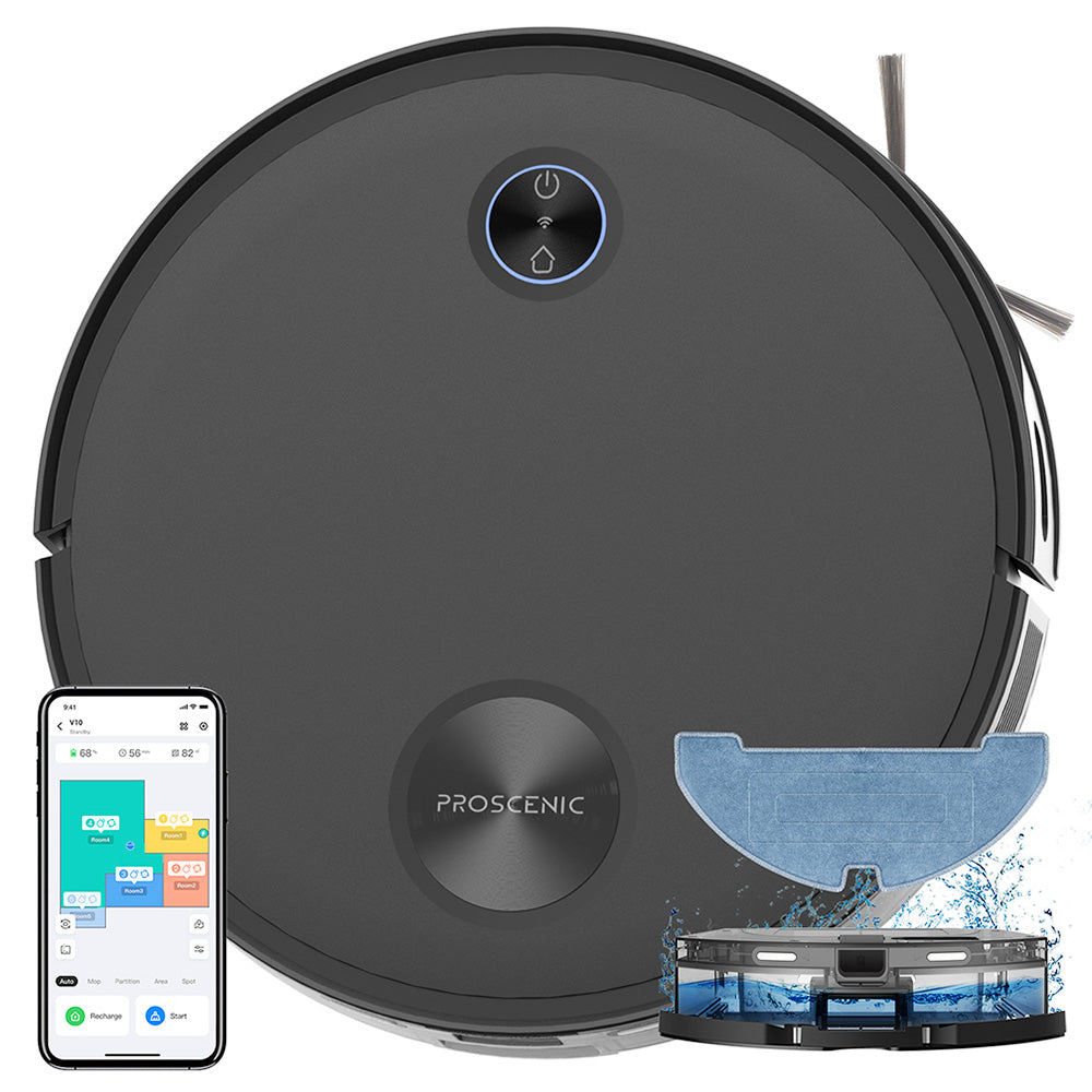 Proscenic V10 Robot Vacuum Cleaner 3 In 1 Vacuuming Sweeping and Mopping 3000pa Vibrating Mopping System LDS Navigation 240ml Dust Bin 2600mAh Battery 120Mins Runtime Smart APP &amp; Alexa Control - Black