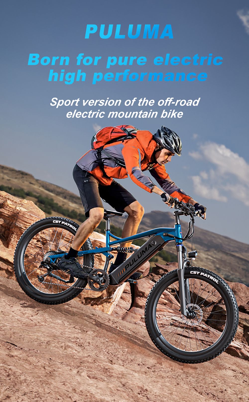 Elektrokolo PULUMA PH001, motor 500 W, baterie 48 V 20 Ah, pneumatiky 27,5*2,8 palce, maximální rychlost 40 km/h, dojezd 150 km, hydraulické olejové brzdy, tlumič nárazů, 9stupňová přehazovačka, LCD displej - černomodrá
