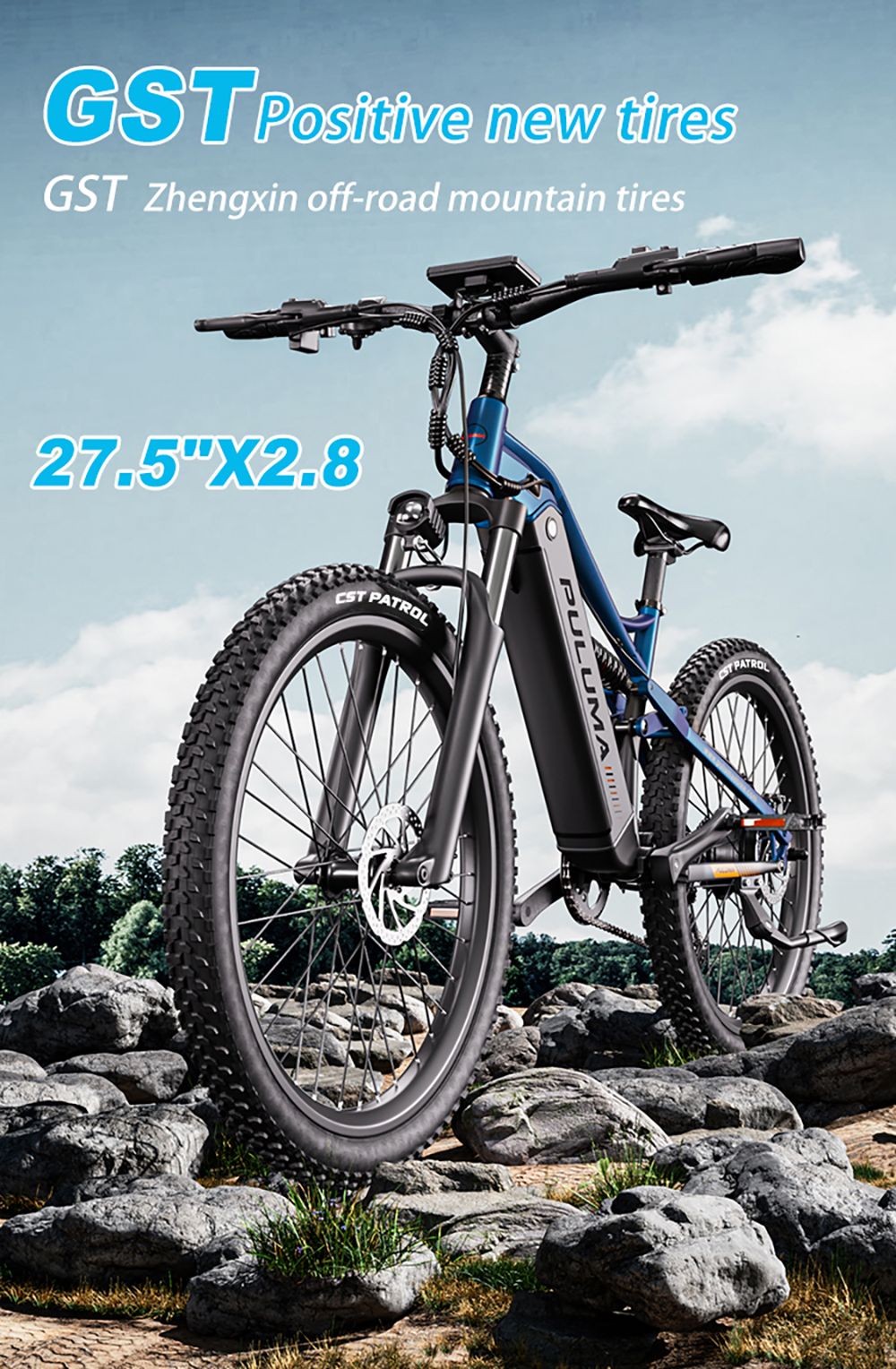 Elektrokolo PULUMA PH001, motor 500 W, baterie 48 V 20 Ah, pneumatiky 27,5*2,8 palce, maximální rychlost 40 km/h, dojezd 150 km, hydraulické olejové brzdy, tlumič nárazů, 9stupňová přehazovačka, LCD displej - černomodrá