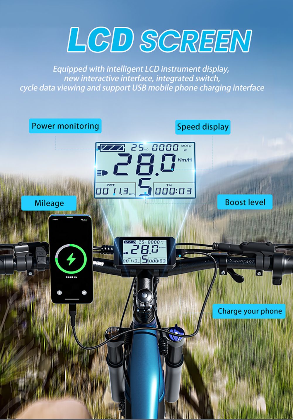 Elektrokolo PULUMA PH001, motor 500 W, baterie 48 V 20 Ah, pneumatiky 27,5*2,8 palce, maximální rychlost 40 km/h, dojezd 150 km, hydraulické olejové brzdy, tlumič nárazů, 9stupňová přehazovačka, LCD displej - černomodrá