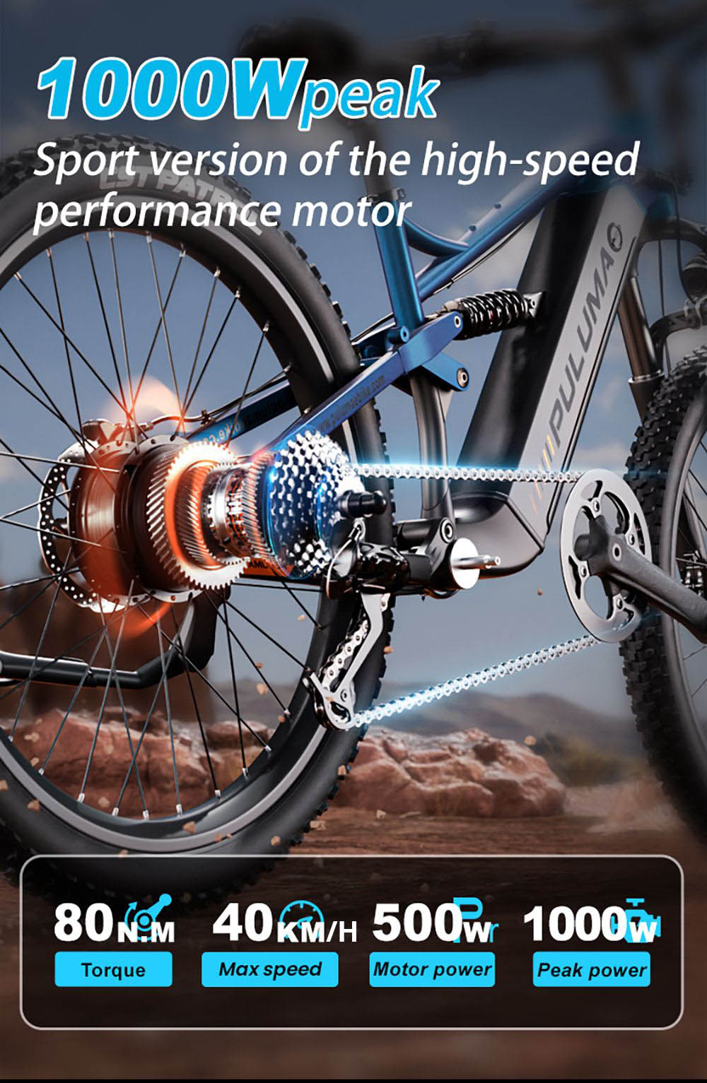 Elektrokolo PULUMA PH001, motor 500 W, baterie 48 V 20 Ah, pneumatiky 27,5*2,8 palce, maximální rychlost 40 km/h, dojezd 150 km, hydraulické olejové brzdy, tlumič nárazů, 9stupňová přehazovačka, LCD displej - černomodrá