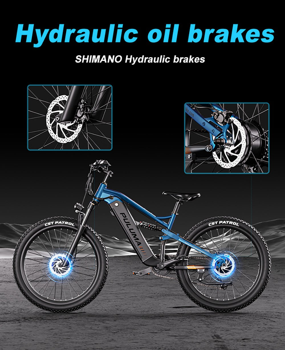 Elektrokolo PULUMA PH001, motor 500 W, baterie 48 V 20 Ah, pneumatiky 27,5*2,8 palce, maximální rychlost 40 km/h, dojezd 150 km, hydraulické olejové brzdy, tlumič nárazů, 9stupňová přehazovačka, LCD displej - černomodrá