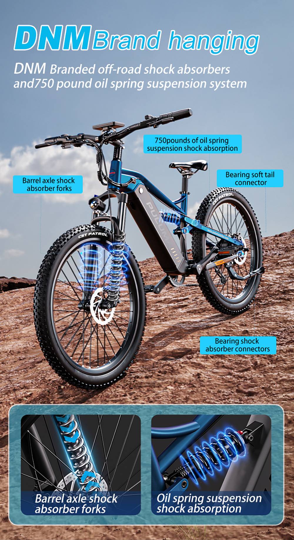 Elektrokolo PULUMA PH001, motor 500 W, baterie 48 V 20 Ah, pneumatiky 27,5*2,8 palce, maximální rychlost 40 km/h, dojezd 150 km, hydraulické olejové brzdy, tlumič nárazů, 9stupňová přehazovačka, LCD displej - černomodrá