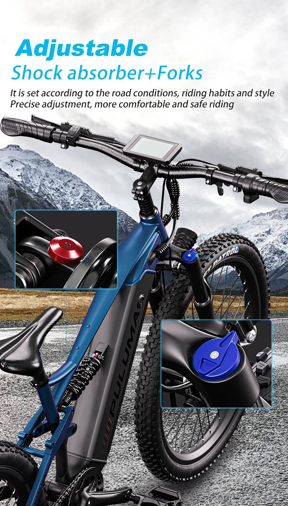 Elektrokolo PULUMA PH001, motor 500 W, baterie 48 V 20 Ah, pneumatiky 27,5*2,8 palce, maximální rychlost 40 km/h, dojezd 150 km, hydraulické olejové brzdy, tlumič nárazů, 9stupňová přehazovačka, LCD displej - černomodrá