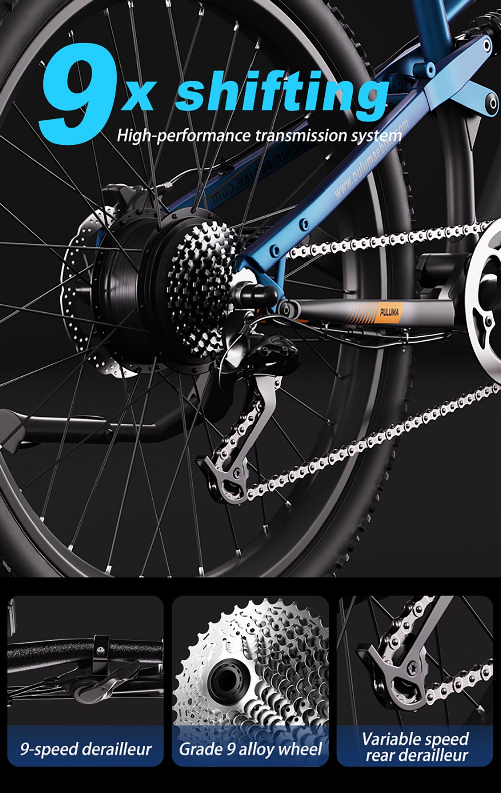 Elektrokolo PULUMA PH001, motor 500 W, baterie 48 V 20 Ah, pneumatiky 27,5*2,8 palce, maximální rychlost 40 km/h, dojezd 150 km, hydraulické olejové brzdy, tlumič nárazů, 9stupňová přehazovačka, LCD displej - černomodrá