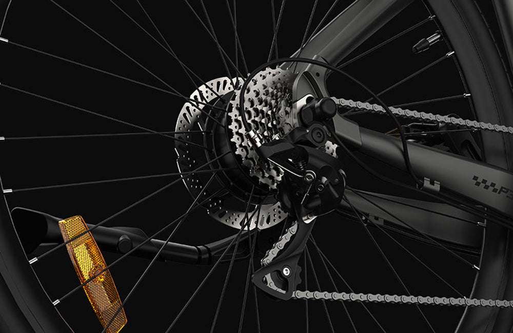 Elektrokolo PVY P30, pneumatiky 27,5*2,1 palce, motor 500 W, snímač točivého momentu 50 N.m, baterie 36 V 13,5 Ah, maximální dojezd 100 km, hydraulická kotoučová brzda SHIMANO, 9 rychlostí, hliníková slitina, vodotěsnost IP66 - šedá