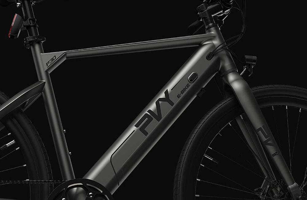 Elektrokolo PVY P30, pneumatiky 27,5*2,1 palce, motor 500 W, snímač točivého momentu 50 N.m, baterie 36 V 13,5 Ah, maximální dojezd 100 km, hydraulická kotoučová brzda SHIMANO, 9 rychlostí, hliníková slitina, vodotěsnost IP66 - šedá