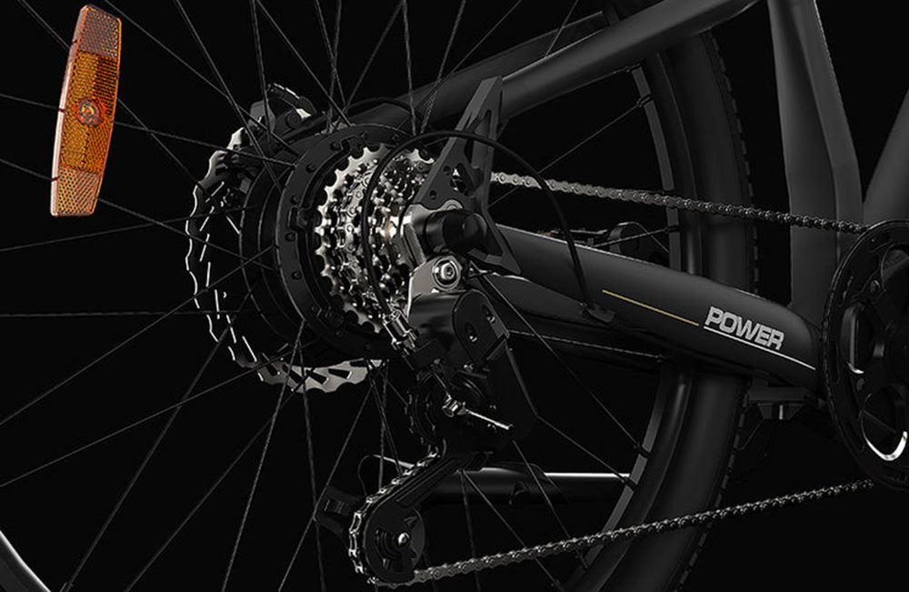 Elektrické kolo PVY Power, motor 1000 W, 48 V, 16,5 Ah, baterie, dojezd 100 km, pneumatiky 27,5*2,1 palce, hydraulická kotoučová brzda, tlumící vidlice SHIMANO, 7 rychlostí, vodotěsnost IP66 - šedá