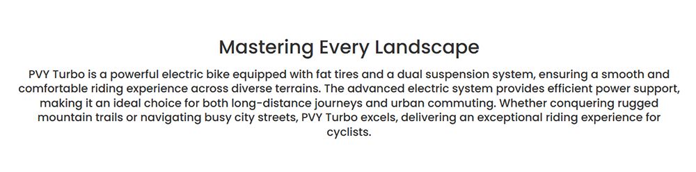 Elektrokolo PVY Turbo, motor 250 W, baterie 48 V 13 Ah, tlusté pneumatiky 20 x 4,0 palce, maximální rychlost 25 km/h, dojezd 100 km, řazení Shimano 7 rychlostí, mechanická kotoučová brzda, odpružená přední vidlice a mechanický tlumič vzadu.