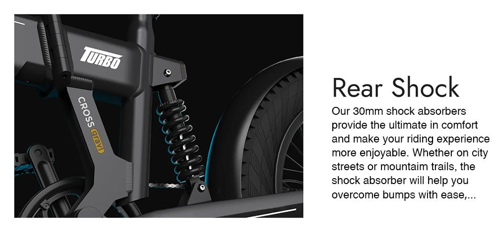 Elektrokolo PVY Turbo, motor 250 W, baterie 48 V 13 Ah, tlusté pneumatiky 20 x 4,0 palce, maximální rychlost 25 km/h, dojezd 100 km, řazení Shimano 7 rychlostí, mechanická kotoučová brzda, odpružená přední vidlice a mechanický tlumič vzadu.