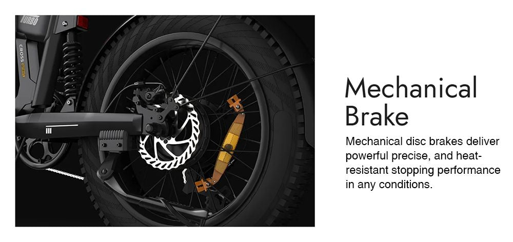 Elektrokolo PVY Turbo, motor 250 W, baterie 48 V 13 Ah, tlusté pneumatiky 20 x 4,0 palce, maximální rychlost 25 km/h, dojezd 100 km, řazení Shimano 7 rychlostí, mechanická kotoučová brzda, odpružená přední vidlice a mechanický tlumič vzadu.