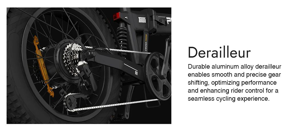 Elektrokolo PVY Turbo, motor 250 W, baterie 48 V 13 Ah, tlusté pneumatiky 20 x 4,0 palce, maximální rychlost 25 km/h, dojezd 100 km, řazení Shimano 7 rychlostí, mechanická kotoučová brzda, odpružená přední vidlice a mechanický tlumič vzadu.