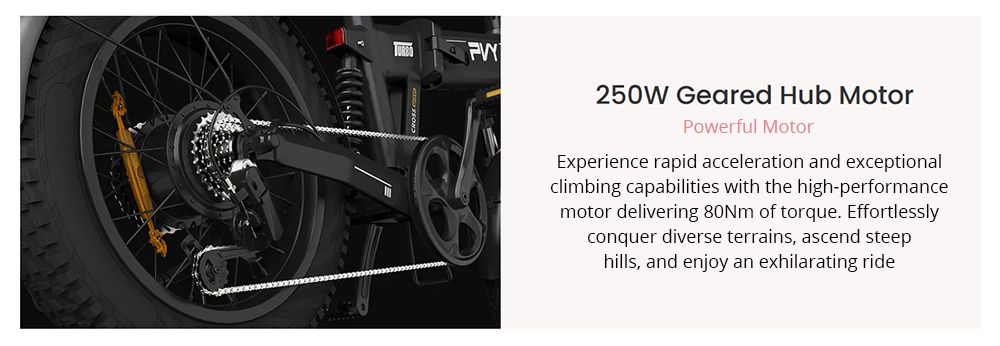 Elektrokolo PVY Turbo, motor 250 W, baterie 48 V 13 Ah, tlusté pneumatiky 20 x 4,0 palce, maximální rychlost 25 km/h, dojezd 100 km, řazení Shimano 7 rychlostí, mechanická kotoučová brzda, odpružená přední vidlice a mechanický tlumič vzadu.