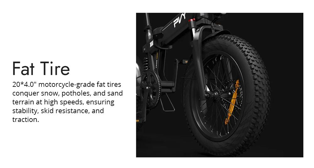 Elektrokolo PVY Turbo, motor 250 W, baterie 48 V 13 Ah, tlusté pneumatiky 20 x 4,0 palce, maximální rychlost 25 km/h, dojezd 100 km, řazení Shimano 7 rychlostí, mechanická kotoučová brzda, odpružená přední vidlice a mechanický tlumič vzadu.