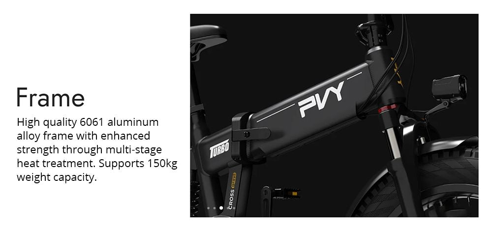 Elektrokolo PVY Turbo, motor 250 W, baterie 48 V 13 Ah, tlusté pneumatiky 20 x 4,0 palce, maximální rychlost 25 km/h, dojezd 100 km, řazení Shimano 7 rychlostí, mechanická kotoučová brzda, odpružená přední vidlice a mechanický tlumič vzadu.