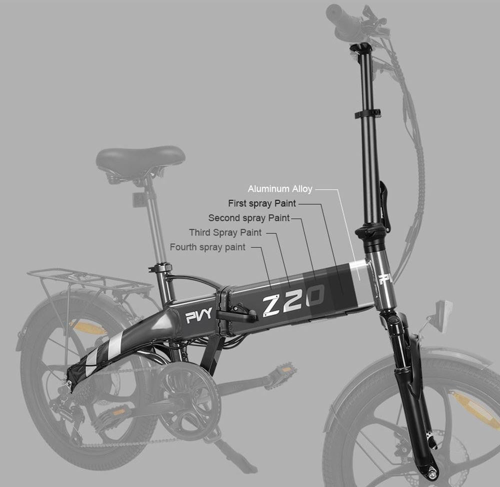 Elektrokolo PVY Z20 Pro, 20palcové pneumatiky, 250W motor v náboji, maximální rychlost 25 km/h, 36 V, 10,4 Ah, vyměnitelná baterie, dojezd 80–100 km, LCD displej – šedý