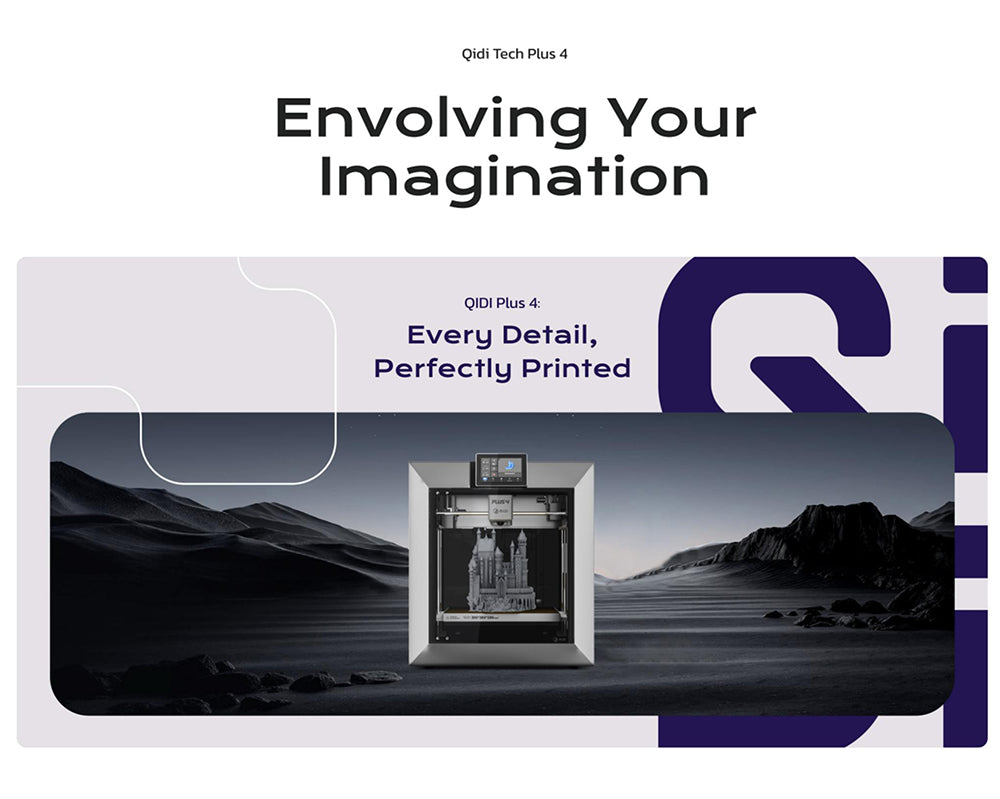 3D tiskárna QIDI TECH PLUS4, 600 mm/s, tisk při vysoké teplotě 370 ℃, aktivní vyhřívaná komora 65 ℃, 305*305*280 mm, 5palcová dotyková obrazovka, kamera 1080P, vícekovová kompozitní tryska, dvouvrstvá izolace, podpora vícebarevného systému, dálkové ovládání, Klipper V0.12.0
