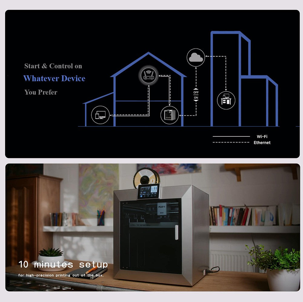 3D tiskárna QIDI TECH PLUS4, 600 mm/s, tisk při vysoké teplotě 370 ℃, aktivní vyhřívaná komora 65 ℃, 305*305*280 mm, 5palcová dotyková obrazovka, kamera 1080P, vícekovová kompozitní tryska, dvouvrstvá izolace, podpora vícebarevného systému, dálkové ovládání, Klipper V0.12.0