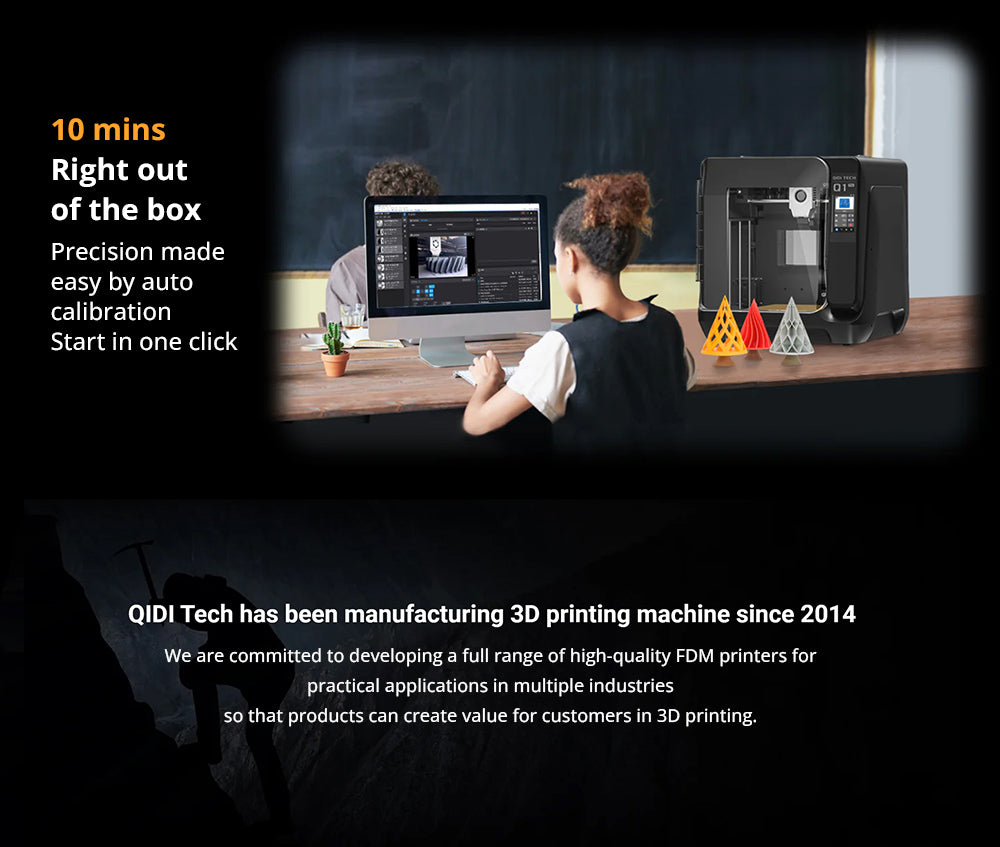 3D tiskárna QIDI Tech Q1 Pro, dva Z motory, ohřev komory 60℃, tisk 350°C, tříkovový hot-end, automatické nivelace, vysoká rychlost ≤600 mm/s, 64bitový procesor, detekce filamentu, 245x245x240 mm