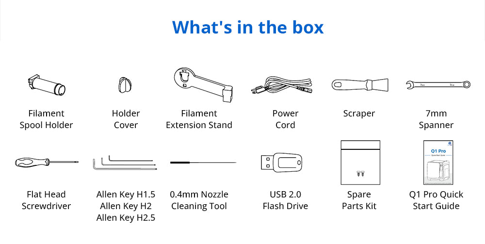 3D tiskárna QIDI Tech Q1 Pro, dva Z motory, ohřev komory 60℃, tisk 350°C, tříkovový hot-end, automatické nivelace, vysoká rychlost ≤600 mm/s, 64bitový procesor, detekce filamentu, 245x245x240 mm