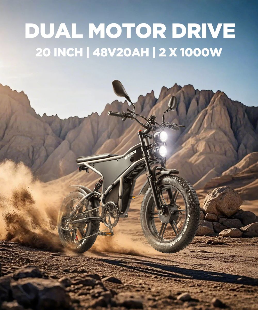 Elektrokolo RANDRIDE DM711, motor 1000 W*2, baterie 48 V 20 Ah, tlusté pneumatiky 20*4,0 palce, maximální rychlost 45 km/h, dojezd 60 km, mechanická brzda Shimano, dvojité odpružení, LCD displej, 7 rychlostí