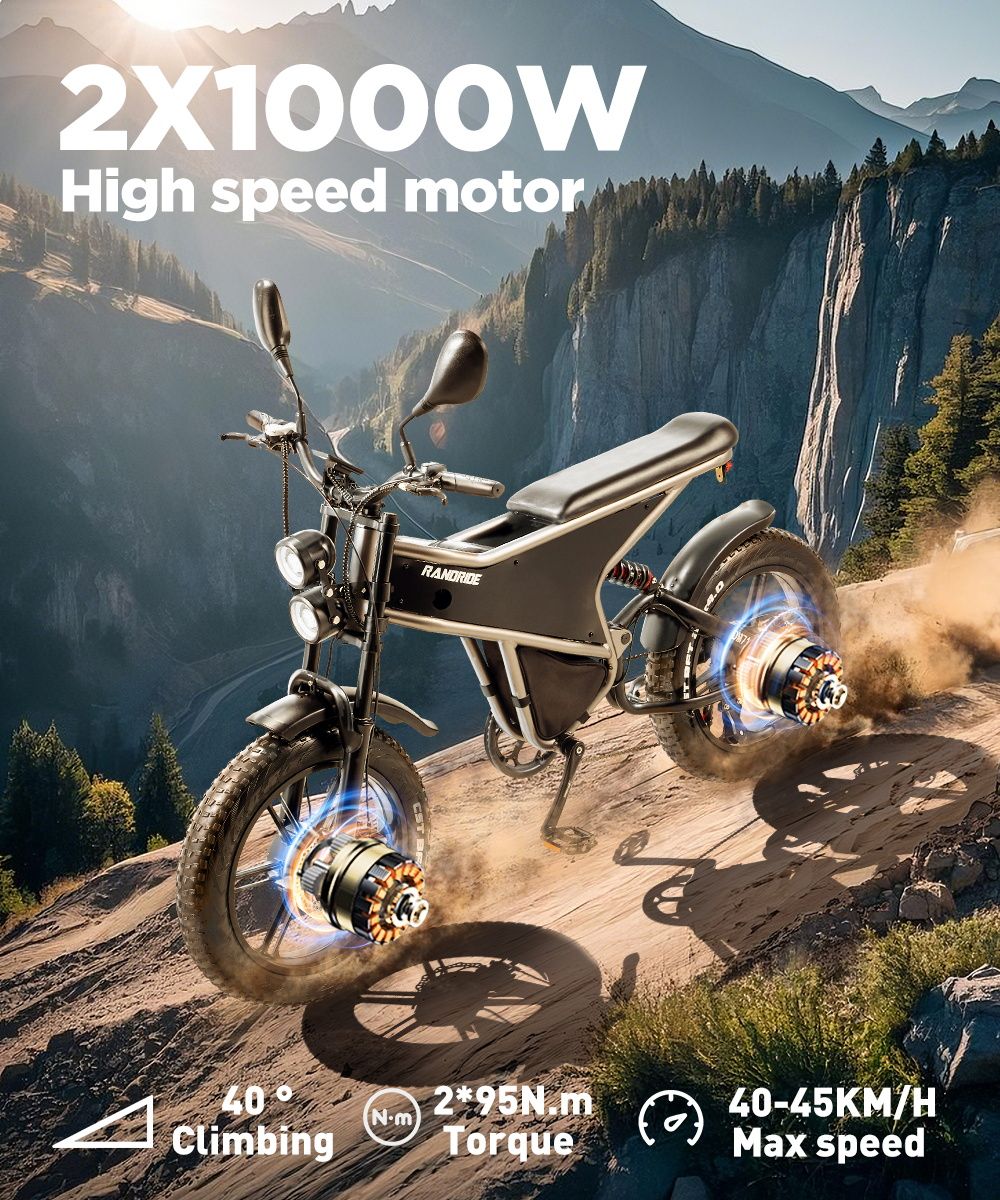 Elektrokolo RANDRIDE DM711, motor 1000 W*2, baterie 48 V 20 Ah, tlusté pneumatiky 20*4,0 palce, maximální rychlost 45 km/h, dojezd 60 km, mechanická brzda Shimano, dvojité odpružení, LCD displej, 7 rychlostí