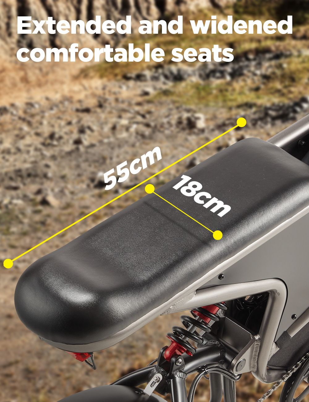 Elektrokolo RANDRIDE DM711, motor 1000 W*2, baterie 48 V 20 Ah, tlusté pneumatiky 20*4,0 palce, maximální rychlost 45 km/h, dojezd 60 km, mechanická brzda Shimano, dvojité odpružení, LCD displej, 7 rychlostí