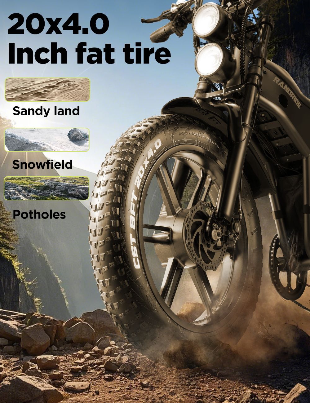 Elektrokolo RANDRIDE DM711, motor 1000 W*2, baterie 48 V 20 Ah, tlusté pneumatiky 20*4,0 palce, maximální rychlost 45 km/h, dojezd 60 km, mechanická brzda Shimano, dvojité odpružení, LCD displej, 7 rychlostí