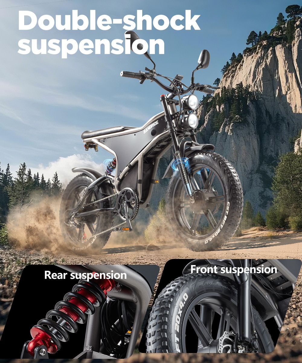 Elektrokolo RANDRIDE DM711, motor 1000 W*2, baterie 48 V 20 Ah, tlusté pneumatiky 20*4,0 palce, maximální rychlost 45 km/h, dojezd 60 km, mechanická brzda Shimano, dvojité odpružení, LCD displej, 7 rychlostí