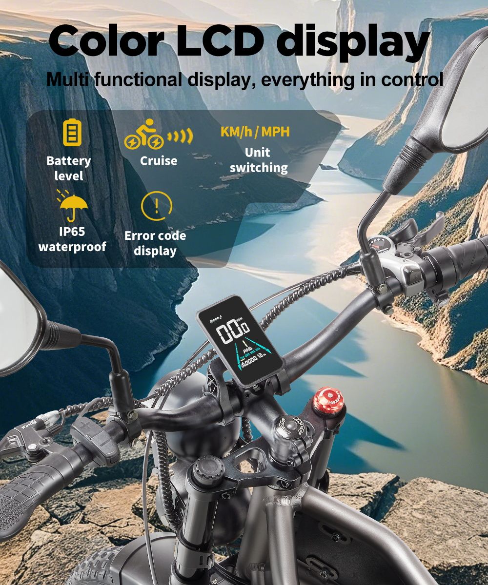 Elektrokolo RANDRIDE DM711, motor 1000 W*2, baterie 48 V 20 Ah, tlusté pneumatiky 20*4,0 palce, maximální rychlost 45 km/h, dojezd 60 km, mechanická brzda Shimano, dvojité odpružení, LCD displej, 7 rychlostí