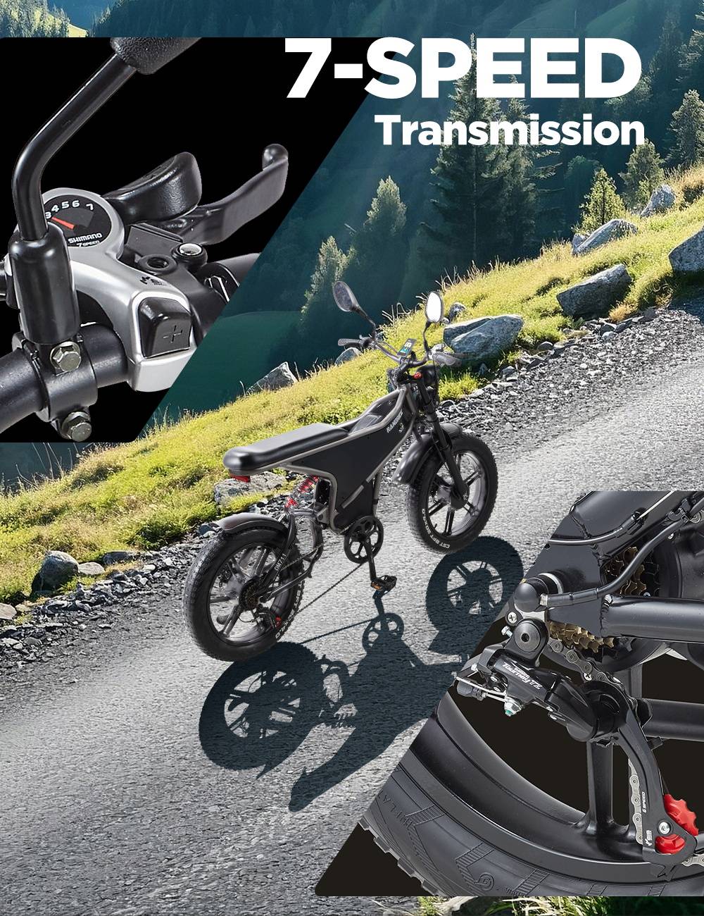 Elektrokolo RANDRIDE DM711, motor 1000 W*2, baterie 48 V 20 Ah, tlusté pneumatiky 20*4,0 palce, maximální rychlost 45 km/h, dojezd 60 km, mechanická brzda Shimano, dvojité odpružení, LCD displej, 7 rychlostí