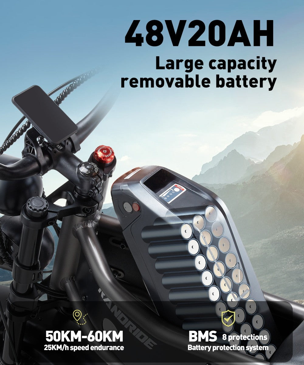 Elektrokolo RANDRIDE DM711, motor 1000 W*2, baterie 48 V 20 Ah, tlusté pneumatiky 20*4,0 palce, maximální rychlost 45 km/h, dojezd 60 km, mechanická brzda Shimano, dvojité odpružení, LCD displej, 7 rychlostí