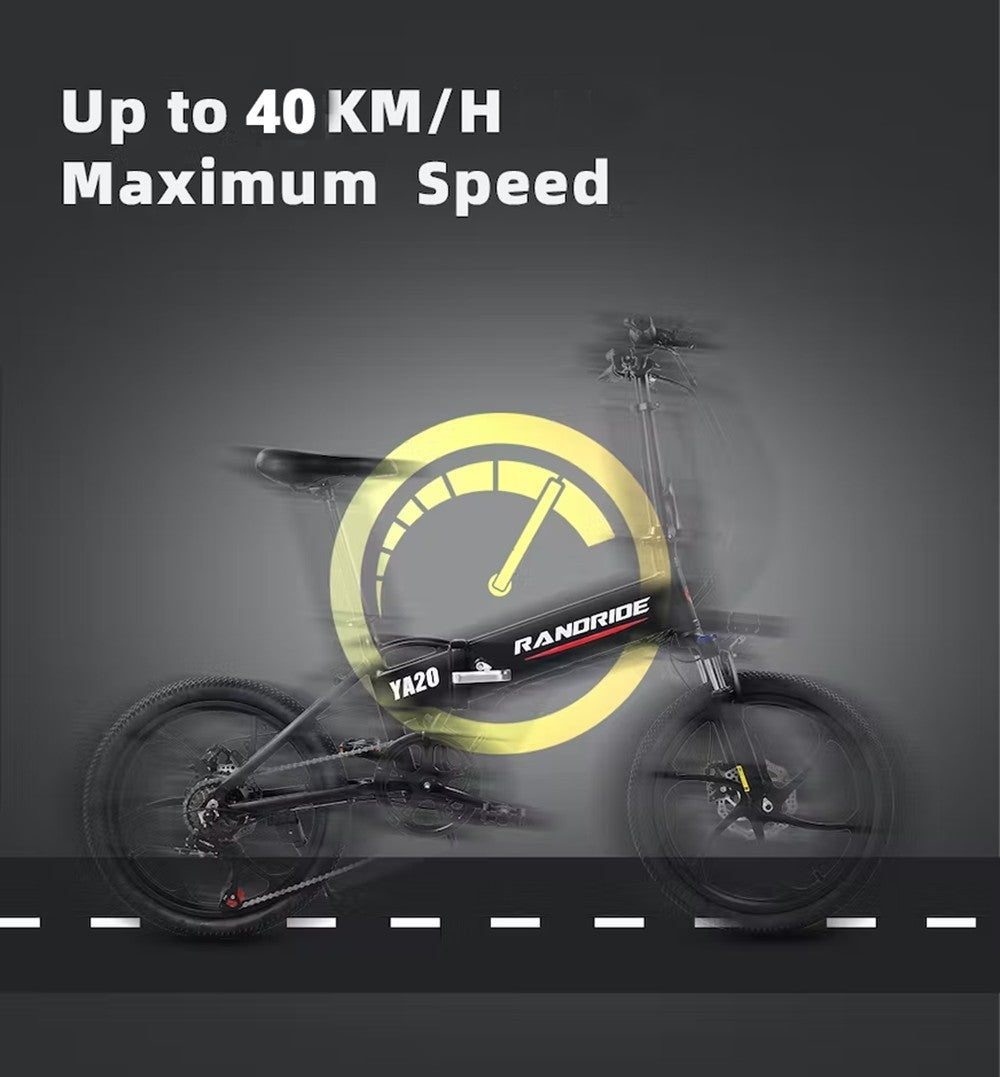 Elektrokolo RANDRIDE YA20, motor 500 W, maximální rychlost 40 km/h, baterie 48 V 12,8 Ah, dojezd 80–90 km/h, pneumatiky CST 20 x 1,95 palce, nosnost 120 kg, Shimano 7 rychlostí