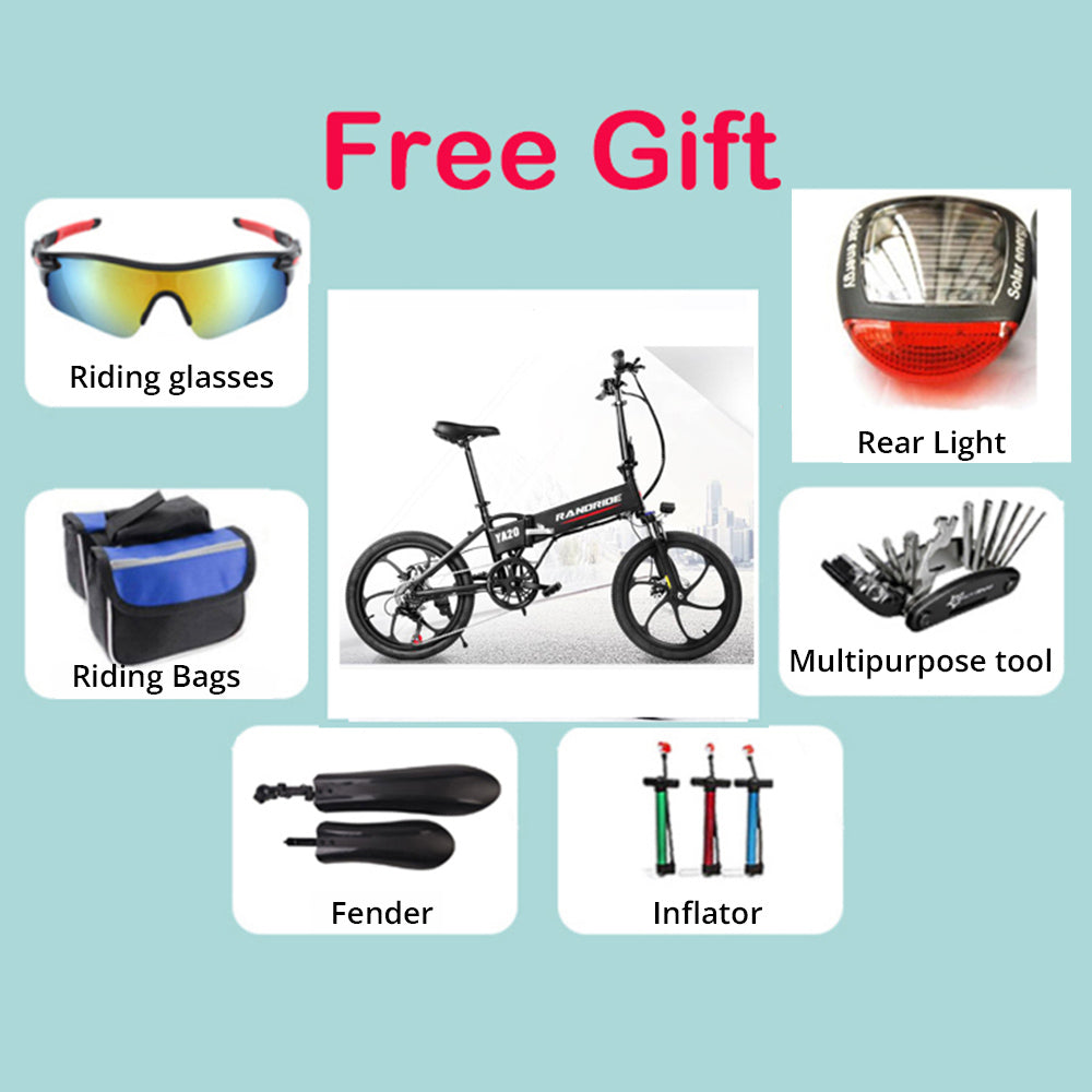 Elektrokolo RANDRIDE YA20, motor 500 W, maximální rychlost 40 km/h, baterie 48 V 12,8 Ah, dojezd 80–90 km/h, pneumatiky CST 20 x 1,95 palce, nosnost 120 kg, Shimano 7 rychlostí