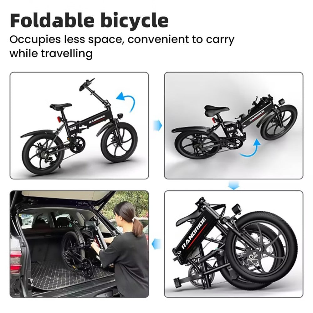 Elektrokolo RANDRIDE YA20, motor 500 W, maximální rychlost 40 km/h, baterie 48 V 12,8 Ah, dojezd 80–90 km/h, pneumatiky CST 20 x 1,95 palce, nosnost 120 kg, Shimano 7 rychlostí