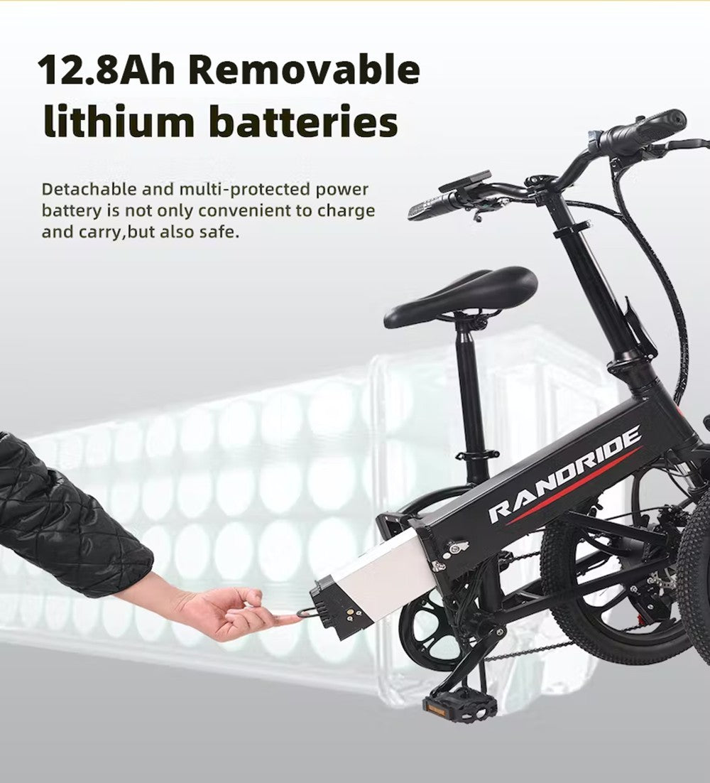 Elektrokolo RANDRIDE YA20, motor 500 W, maximální rychlost 40 km/h, baterie 48 V 12,8 Ah, dojezd 80–90 km/h, pneumatiky CST 20 x 1,95 palce, nosnost 120 kg, Shimano 7 rychlostí