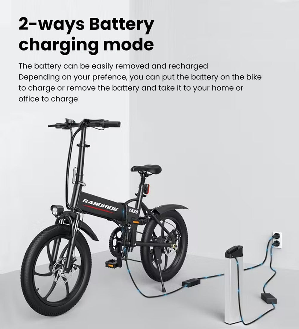 Elektrokolo RANDRIDE YA20, motor 500 W, maximální rychlost 40 km/h, baterie 48 V 12,8 Ah, dojezd 80–90 km/h, pneumatiky CST 20 x 1,95 palce, nosnost 120 kg, Shimano 7 rychlostí