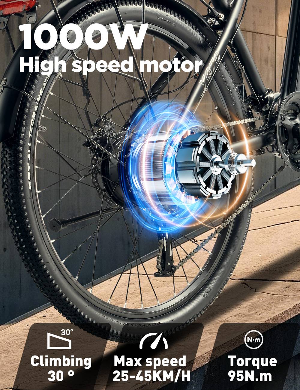 Elektrokolo RANDRIDE YG70, motor 1000 W, baterie 48 V 14 Ah, pneumatiky 27,5 x 1,95 palce, maximální rychlost 45 km/h, dojezd 50 km, mechanická brzda, odpružená přední vidlice, 27 rychlostí, LCD displej