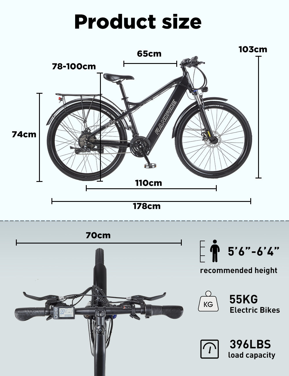 Elektrokolo RANDRIDE YG70, motor 1000 W, baterie 48 V 14 Ah, pneumatiky 27,5 x 1,95 palce, maximální rychlost 45 km/h, dojezd 50 km, mechanická brzda, odpružená přední vidlice, 27 rychlostí, LCD displej