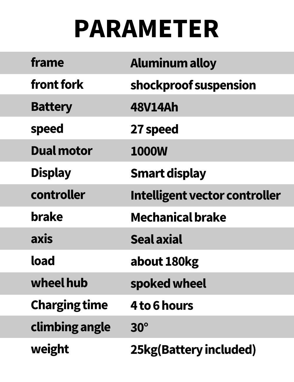 Elektrokolo RANDRIDE YG70, motor 1000 W, baterie 48 V 14 Ah, pneumatiky 27,5 x 1,95 palce, maximální rychlost 45 km/h, dojezd 50 km, mechanická brzda, odpružená přední vidlice, 27 rychlostí, LCD displej
