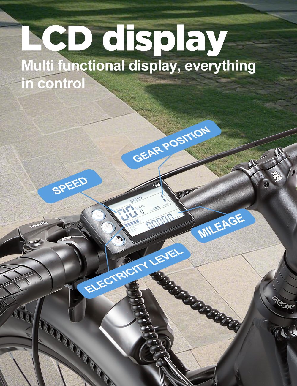 Elektrokolo RANDRIDE YG70, motor 1000 W, baterie 48 V 14 Ah, pneumatiky 27,5 x 1,95 palce, maximální rychlost 45 km/h, dojezd 50 km, mechanická brzda, odpružená přední vidlice, 27 rychlostí, LCD displej