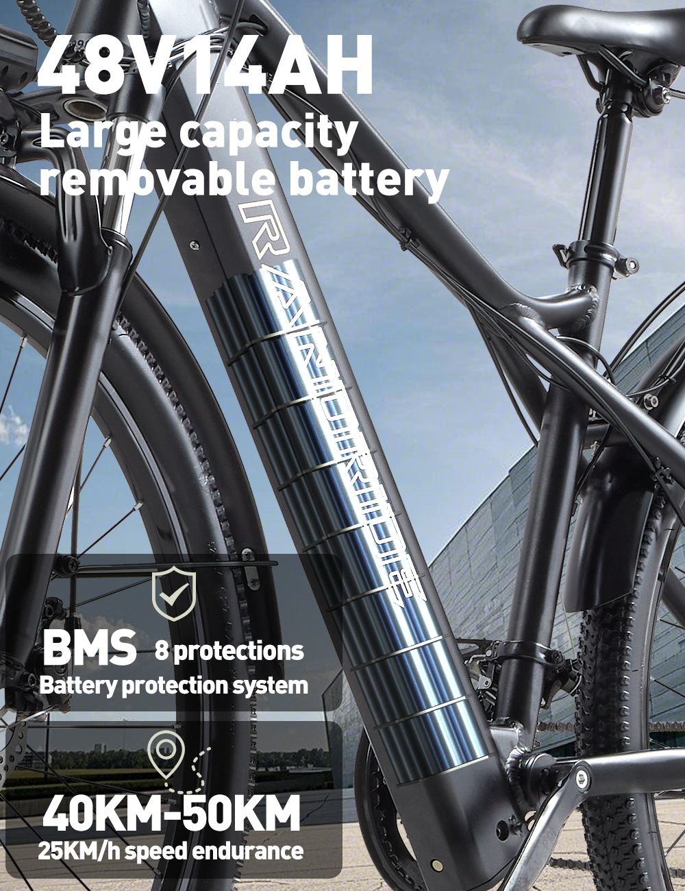 Elektrokolo RANDRIDE YG70, motor 1000 W, baterie 48 V 14 Ah, pneumatiky 27,5 x 1,95 palce, maximální rychlost 45 km/h, dojezd 50 km, mechanická brzda, odpružená přední vidlice, 27 rychlostí, LCD displej