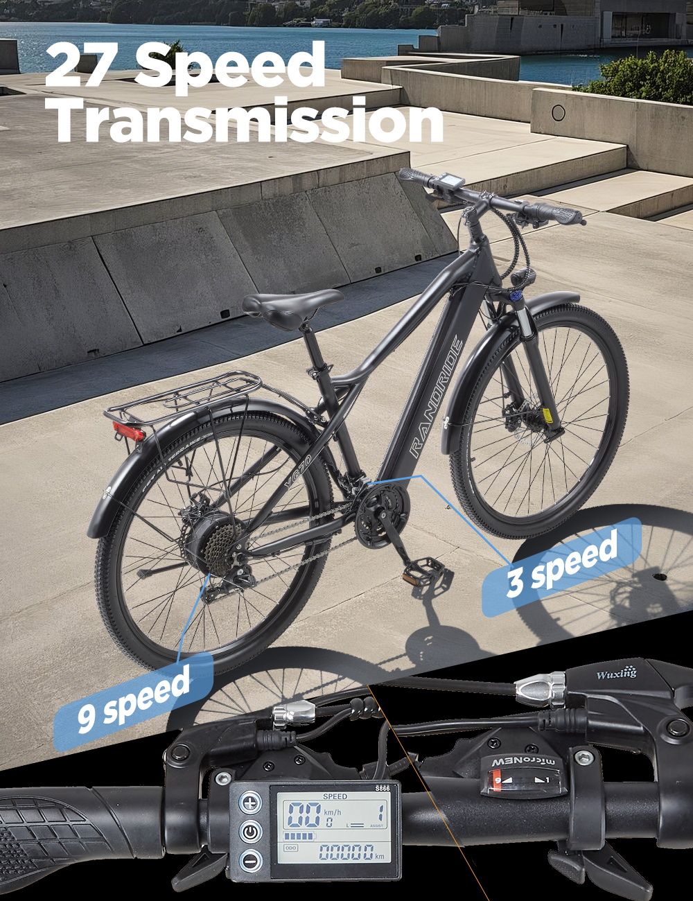 Elektrokolo RANDRIDE YG70, motor 1000 W, baterie 48 V 14 Ah, pneumatiky 27,5 x 1,95 palce, maximální rychlost 45 km/h, dojezd 50 km, mechanická brzda, odpružená přední vidlice, 27 rychlostí, LCD displej