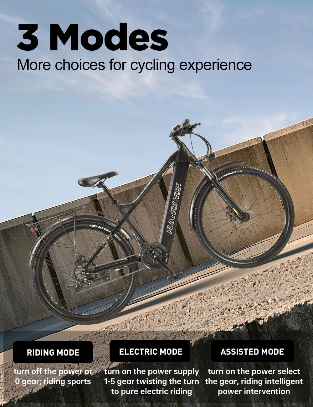 Elektrokolo RANDRIDE YG70, motor 1000 W, baterie 48 V 14 Ah, pneumatiky 27,5 x 1,95 palce, maximální rychlost 45 km/h, dojezd 50 km, mechanická brzda, odpružená přední vidlice, 27 rychlostí, LCD displej