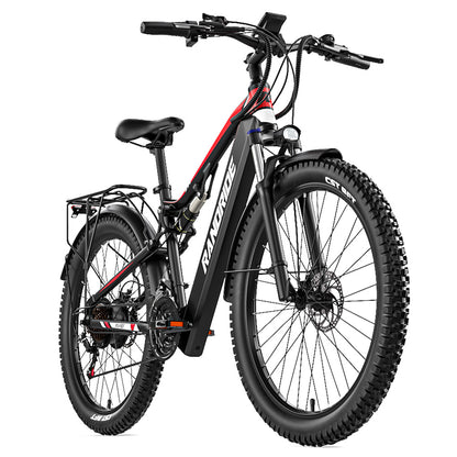 RANDRIDE YG90B Electric Bike 1000W Motor 45km/h Max Speed 48V 17Ah Removable battery 80-90KM Max Range 27.5*2.4&#39;&#39; CST Tires 120kg Load Shimano 21 Gears Hydraulic brake - Black &amp; Red