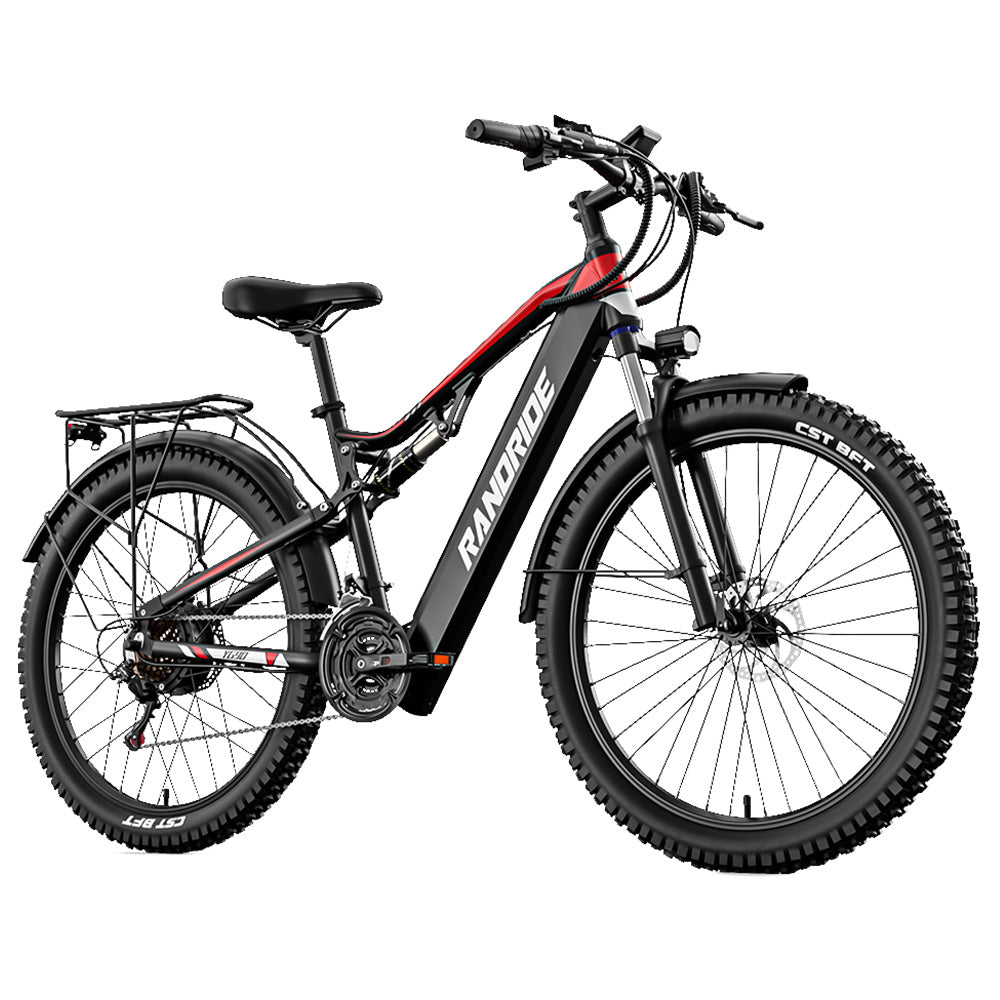 RANDRIDE YG90B Electric Bike 1000W Motor 45km/h Max Speed 48V 17Ah Removable battery 80-90KM Max Range 27.5*2.4&#39;&#39; CST Tires 120kg Load Shimano 21 Gears Hydraulic brake - Black &amp; Red