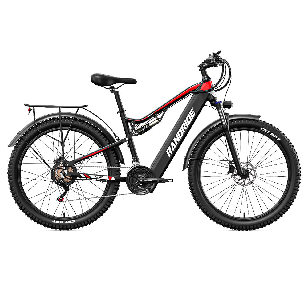 RANDRIDE YG90B Electric Bike 1000W Motor 45km/h Max Speed 48V 17Ah Removable battery 80-90KM Max Range 27.5*2.4&#39;&#39; CST Tires 120kg Load Shimano 21 Gears Hydraulic brake - Black &amp; Red